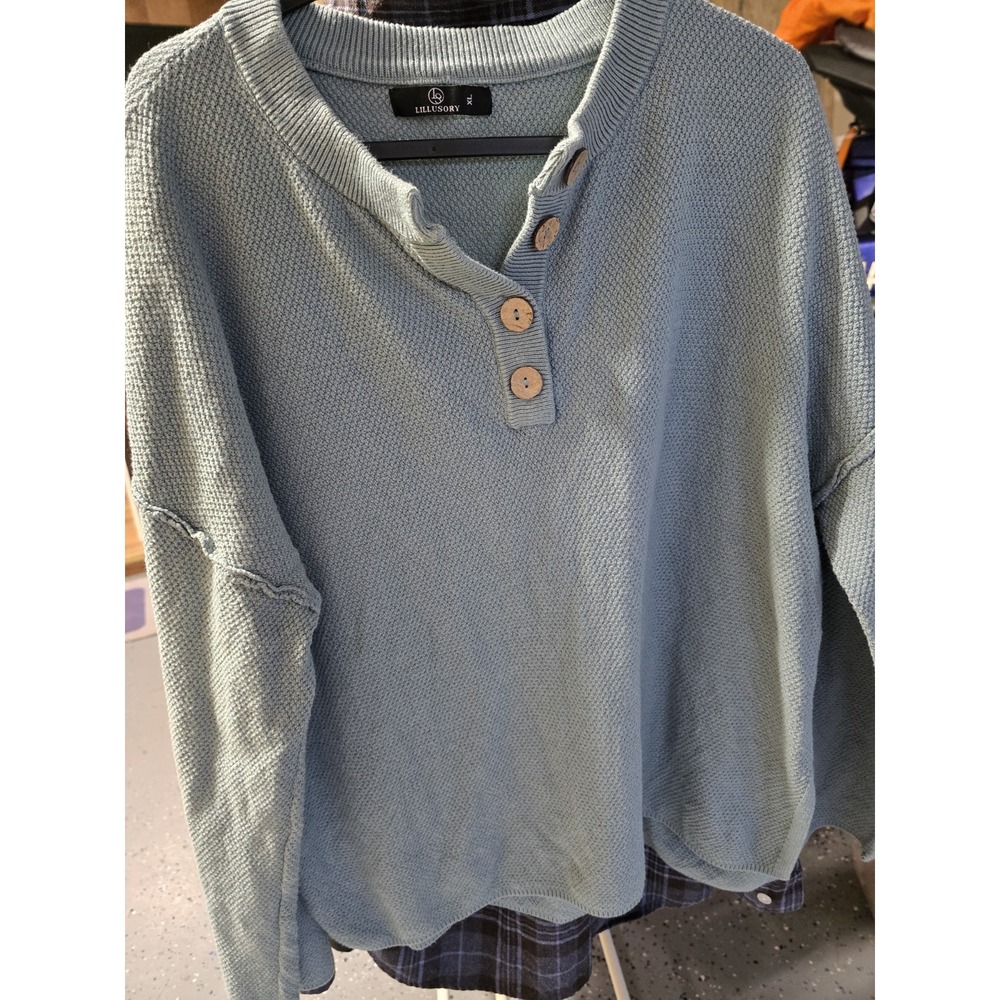 LILLUSORY Women's XL Waffle Knit Henley Pullover Sweater Light Blue / Pastel...